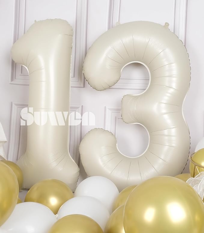 SUWEN 40 Inch Cream White Large 13 Number Balloons Big Foil Helium Number Balloons 0-9 Jumbo Happy 13th Mylar Birthday Party Decorations for Boy or Girl 31 Anniversary Party Supplies