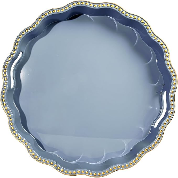 Blue Decorative Tray for Coffee Table, Wavy Scallop Beaded Plastic Serving Tray forKitchen Counter, Ottoman, Living Room, (13")