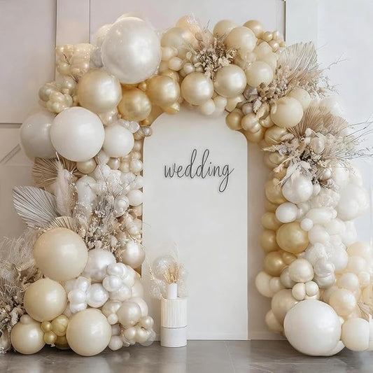 White Gold Balloon Arch Double Stuffed Pearl White Sand Cream Gold Chrome Balloon Garland Kit for Christmas New Year Birthday Baby Shower Wedding Engagement Baptism Party Decorations
