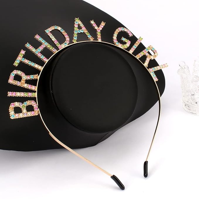 AOPRIE Birthday Girl Headband Tiara for Women & Girls - Happy Birthday Princess Crown Rhinestone Accessory, Gold Colorful