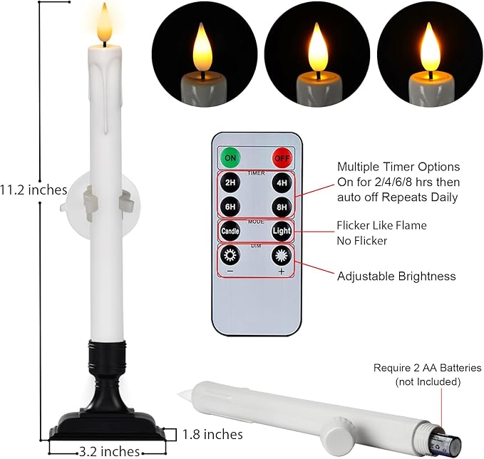 Homemory 6 Pcs Window Candles with Remote Timer Dimmer, Battery Operated Candlesticks with Holders and Suctions, White LED Christmas Candle for Window Xmas Holiday Decor