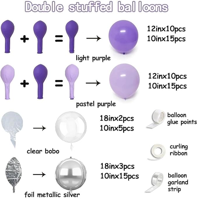 Purple Silver Balloon Arch Double Stuffed Dark Purple Balloons Lavender Lilac Balloon Garland Kit with Clear Bobo Balloons for Birthday Wedding Baby Shower Anniversary Halloween Party Decorations