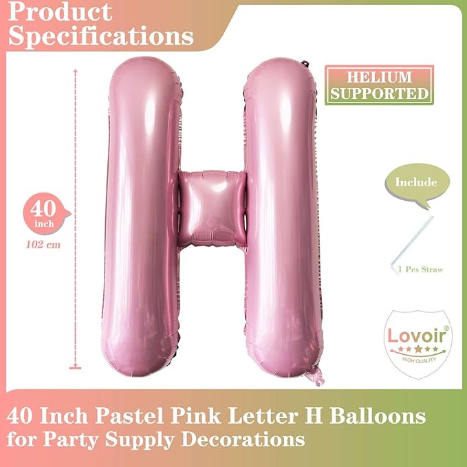 40 Inch Pink Letter H Balloons - Foil Mylar Helium Alphabet for Birthday Party Supplies, Anniversary Event Celebration Decorations