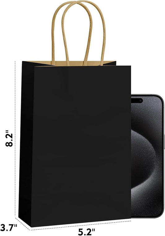 REMTAP Gift Paper Bags 5.9×3.2×8.2 50Pcs Kraft Bags with Handles Bulk Gift Bags for Wedding Party Craft Retail Packaging, Shopping, Party Favor, Retail Bag (Black-S-50pcs, 5.9×3.2×8.2)