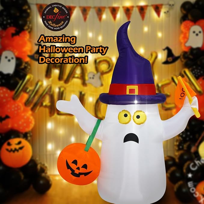 Halloween Blow up Inflatable Ghost Hold JackoLantern Decoration-Lighted Blow-Up for Home Yard Garden Indoor and Outdoor Decoration with Built in Fan and Anchor Ropes (Ghost with Boo Flag)