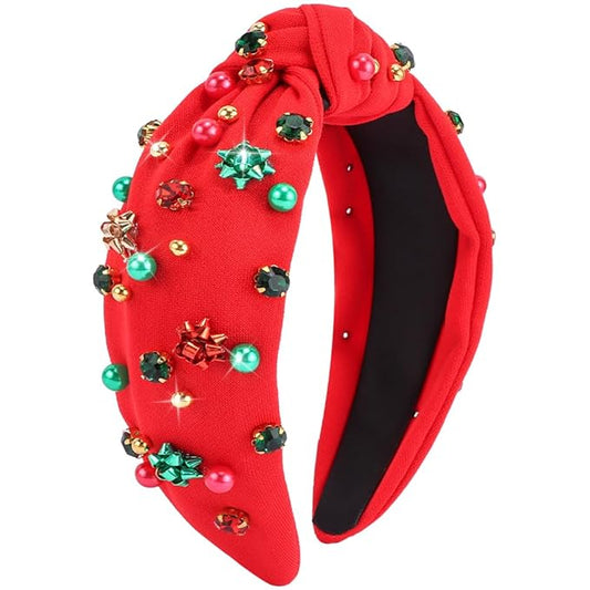 TODDER Red Christmas Knotted Headband, Santa Embellished Pearl Rhinestone Crystal Headband for Women and Girls Christmas Hair Accessories Costumes and Gifts for Themed Parties and Holiday