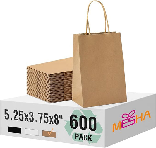 MESHA 600 Pack Kraft Brown Paper Bags with Handles Bulk 5.25X3.75X8 Inches, Brown Small Gift Bags for Small Business,Birthday Wedding Party Favor Paper Shopping