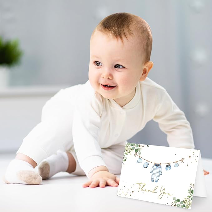 Whaline 50 Pack Baby Shower Thank You Cards Boxed Blue Cloth Note Card with Envelopes Stickers Greeting Blank Cards for Boy Birthday Baby Shower