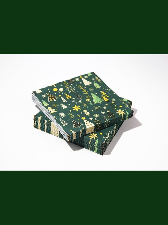 Premium Designer Paper Napkins, 3-Ply 6.5 x 6.5-inches Fold Disposable Decorative Winter Guest Christmas Holly Green Festive New Year Tree Party Lunch Dinner Napkin (20, Festive Green)