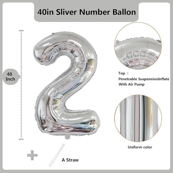 40 inch Silver Number Balloon Giant Foil Helium Balloons Silver Number 2 Balloon for 2nd Birthday Party Anniversary Decorations Supplies