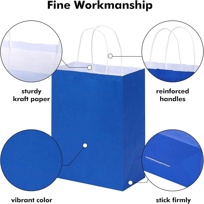 OUTUXED 35pcs Blue Gift Bags, Kraft Paper Bags with Handles, 7.1x3.6x9.3in Medium Size Blue Paper Bags for Retail, Gift Wrapping, and Shopping