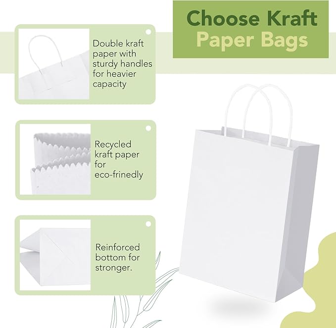 MESHA Gift Paper Bags 12000 PACK 8x4.25x10.5'' White Medium Shopping Kraft Bags Bulk with Handles Reusable for Business,Grocery,Birthday,Wedding,Kids Party,Favors