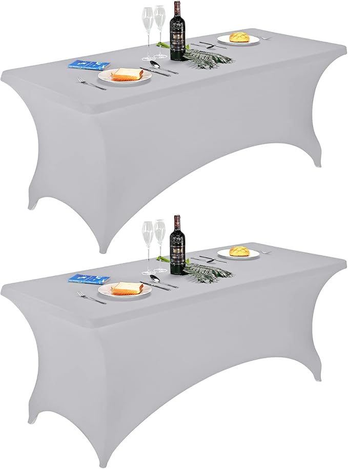 FORLIFE 2Pack Spandex Table Covers，Fitted Tablecloth for Rectangular Tables, Stretch Patio Table Covers, Universal Spandex Table Cover for Wedding, Banquet, Party (6ft, Silver)