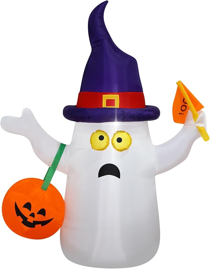 Halloween Blow up Inflatable Ghost Hold JackoLantern Decoration-Lighted Blow-Up for Home Yard Garden Indoor and Outdoor Decoration with Built in Fan and Anchor Ropes (Ghost with Boo Flag)