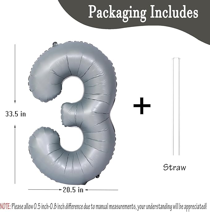 40in Gray Number 3 Balloons Big Foil Mylar Party Balloons for Girls Boys 3rd Birthday Party Decorations Supplies