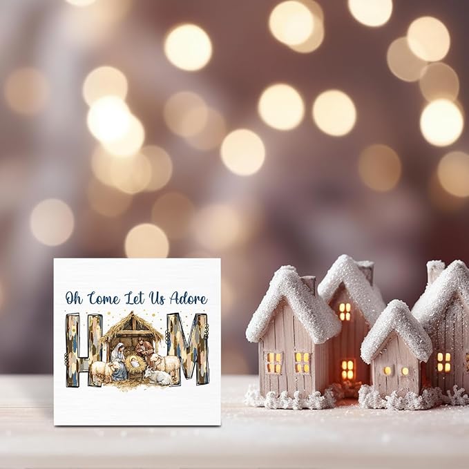 Oh Come Let Us Adore Him Sign Christian Christmas Decorations Religious Bible Gifts for Women Men Baptism Decorations for Home Desk Table Shelf 5 X 5 Inch