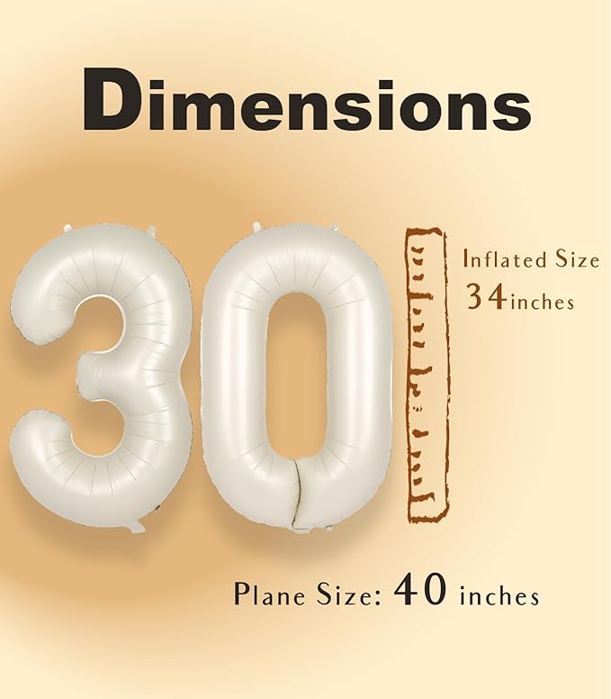 SUWEN 40 Inch Large Cream White 30 Balloon Numbers Big Foil Helium Number Balloons 0-9 Jumbo Happy 30th Mylar Birthday Party Decorations for Women or Men Anniversary Party Supplies