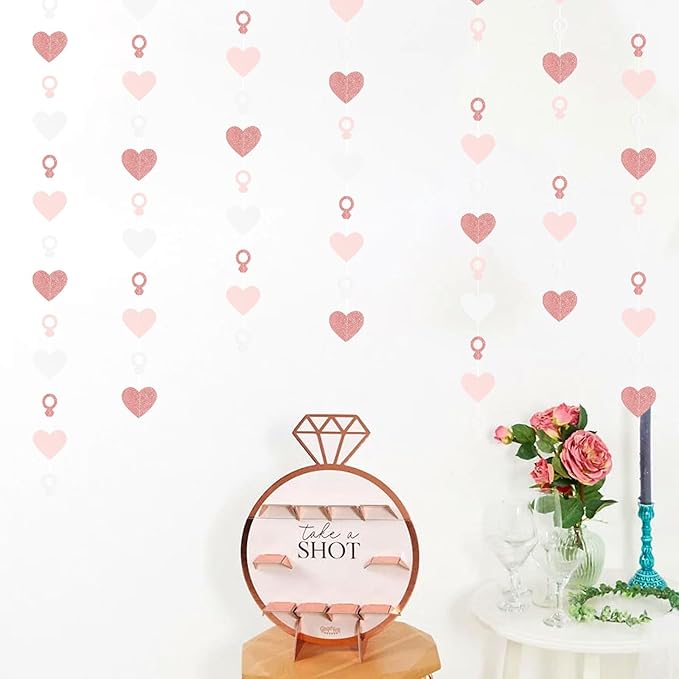 Rose-Gold Pink White Heart-Ring Garland - 52Ft Engagement Bachelorette Party Decorations Wedding Paper Streamers Banner,Galentines Proposal Decor Lasting Surprise