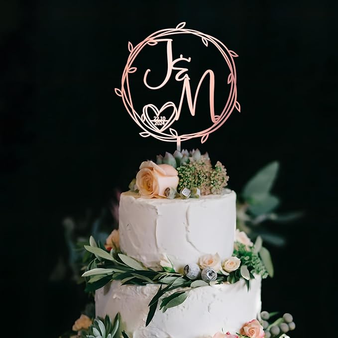 Personalized Initials Wedding Cake Topper in Acrylic Custom Wedding Anniversary Date Cake Topper Cake Decoration (Design 06)