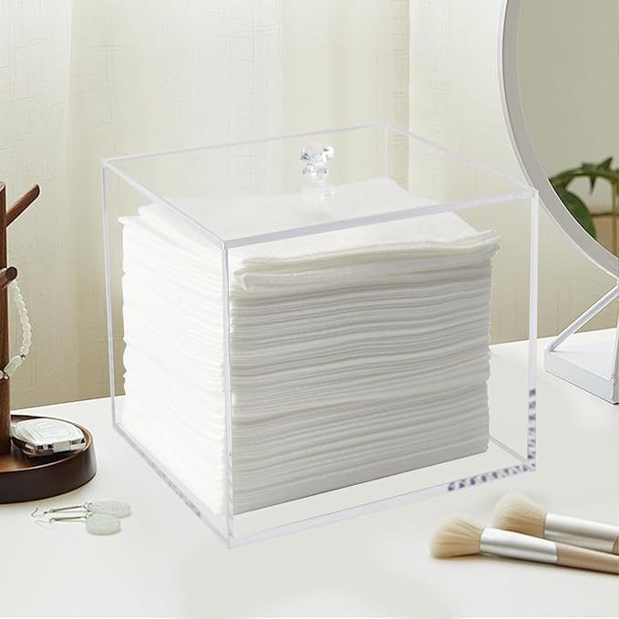 Weiai Face Towel Box, Acrylic Facial Disposable Towelettes Holder Container for XL Face Towels and Protects from Dust, Clear