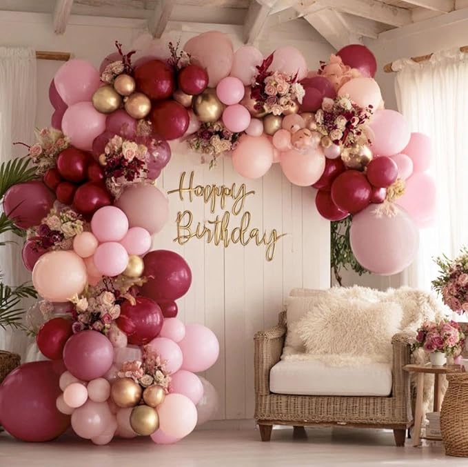 Burgundy Pink Balloon Garland Double Stuffed Pastel Light Pink Gold Mauve Balloons Maroon Lavender Latex Plum Balloon Arch Kit for Women's Birthday Wedding Baby Shower Decoration