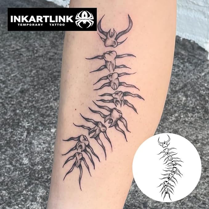 INKARTLINK Semi-Permanent Tattoos, Creative Halloween Party Dark Tattoo, Exquisite and Realistic Design, Interesting Tattoo Experience, Cruelty-free, Non-reflective, Waterproof (Skull Centipede)