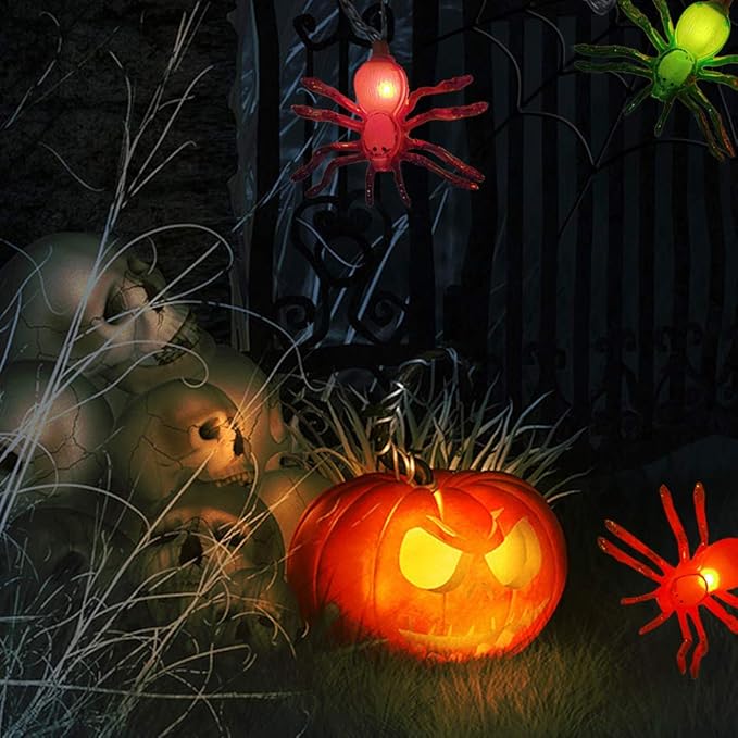 Halloween Spider String Lights, 8.5Ft Multi-Color Spider LED String Lights with 10 Lifelike Spider Lights Connectable Indoor/Outdoor Halloween Decoration for Party, Bar, House, Garden, Black Wire