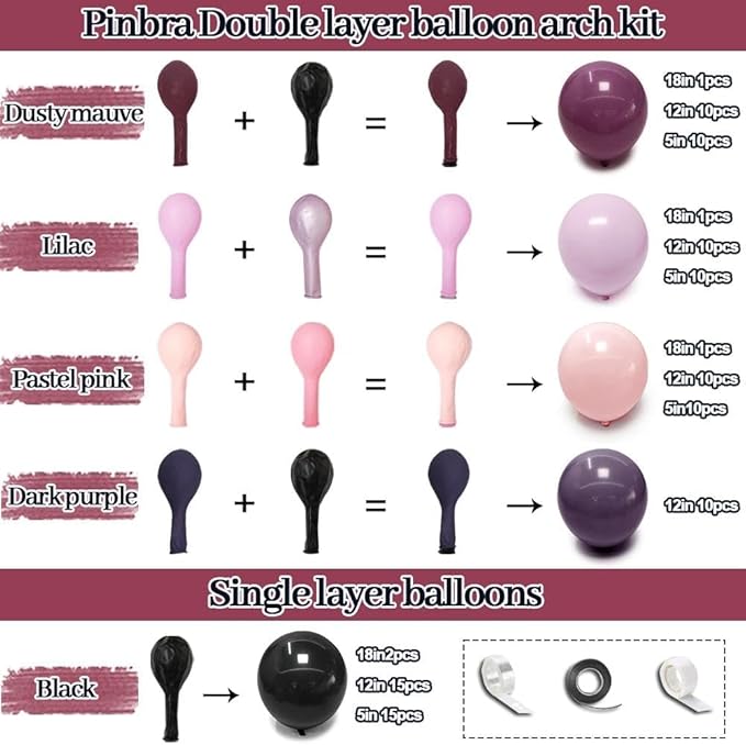 Black Pink Purple Balloons Double Stuffed Dark Plum Mauve Pink Pastel Lavender Lilac Balloon Garland Arch Kit for Wednesday Addams Halloween Birthday Baby Shower Wedding Goth Party Decorations