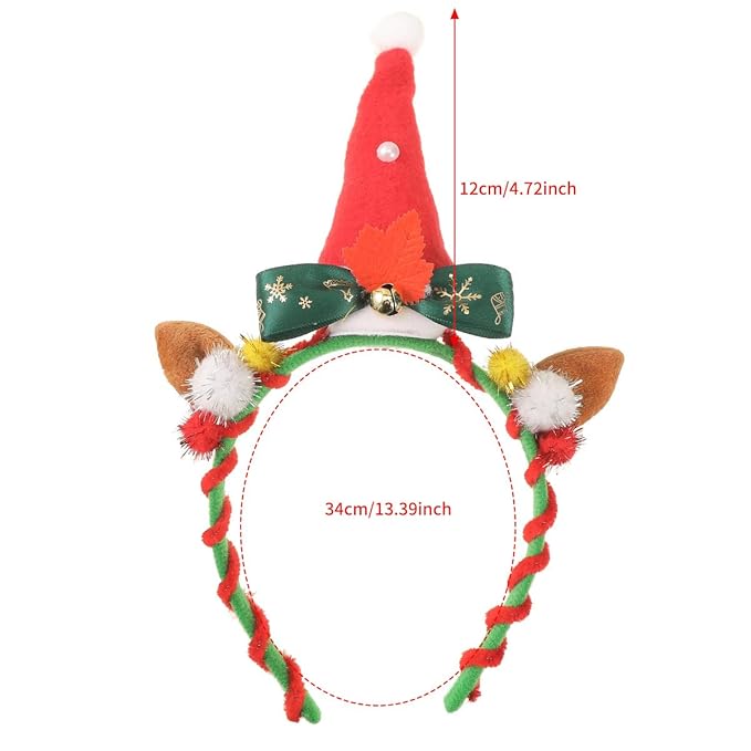 Christmas Unicorn Headband with Santa Hat Horn, Green Bow & Gold Bells - Festive Xmas Party Hair Accessories for Women, Christmas Cosplay Hairband,Holiday Festival Gift Supplies