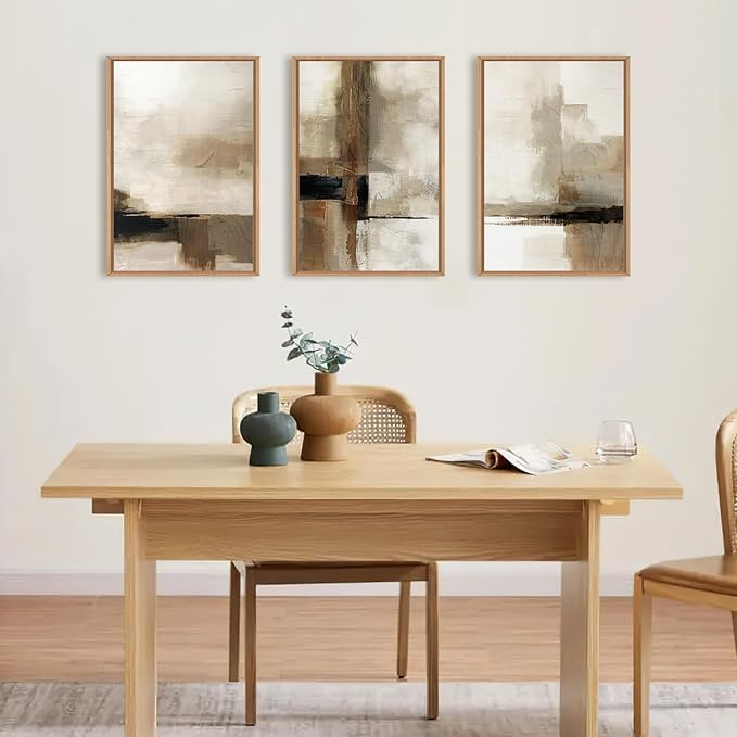 HOURIA Large Abstract Neutral Framed Canvas Wall Art Set,Brown Beige Wall Decor,Minimalist Black Wall Painting,Modern Brush Stroke Line Art Print for Living Room,Bedroom,Office- 16"x24"x3