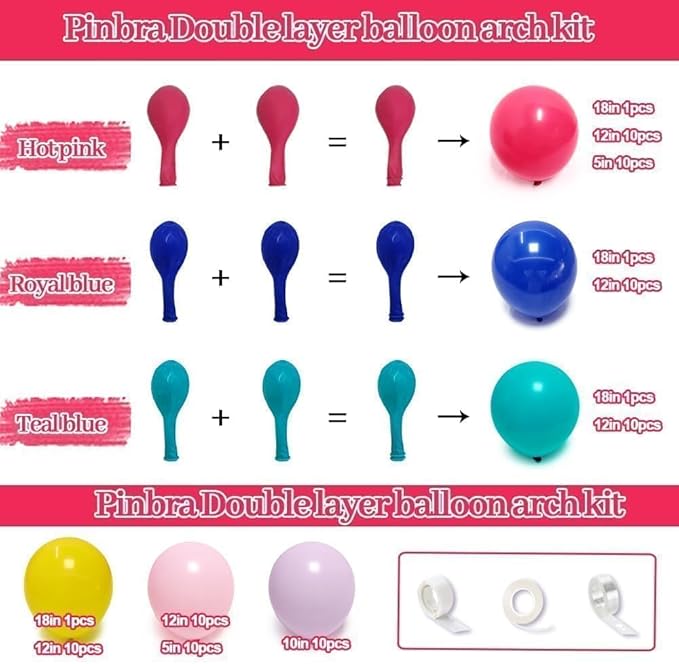 Hot Pink Blue Yellow Balloon Garland, Double Stuffed Royal Blue Fuchsia Pink Teal Lavender Balloons Pastel Lilac Yellow Balloon Arch Kit for Tropical Hawaii Aloha Luau Encanto Summer Party Decorations