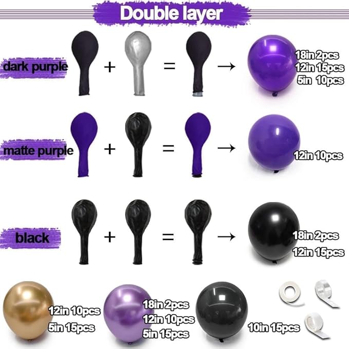 Purple Black Gold Balloon Garland Double Stuffed Dark Purple Black Balloons Metallic Lilac Balloon Arch Kit for Birthday Halloween Prom Vampire Anniversary Party Decoration