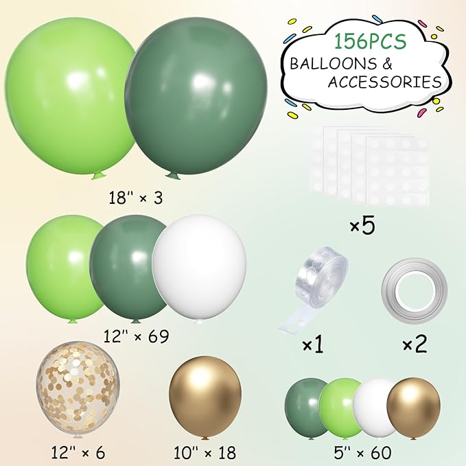 Green White Gold Balloon Garland Arch Kit, 156 Dark Green Metallic Gold White and Neon Green Balloons for Birthday Wedding Anniversary Safari Jungle Baby Shower