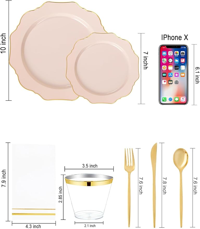 WDF 175Pcs Pink Plastic Plates - Pink and Gold Plates Disposable 25guest Plastic Dinnerware Ideal for Tea Party/Bridal Shower/Wedding/Baby Shower/Fall Pumpkin Baby Shower