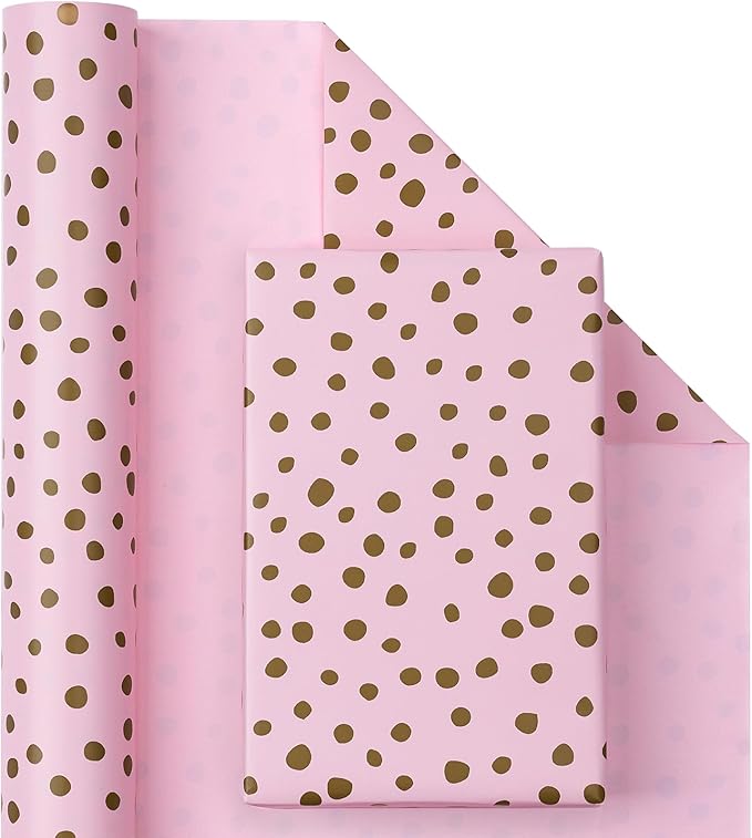WRAPAHOLIC Reversible Wrapping Paper - Mini Roll - 17 Inch x 33 Feet - Pink Print and Gold Delicate Polka Dots Design for Birthday, Holiday, Wedding, Baby Shower