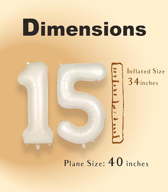 SUWEN 40 Inch Cream White Large 15 Number Balloons Big Foil Helium Number Balloons 0-9 Jumbo Happy 15th Mylar Birthday Party Decorations for Boy or Girl 51 Anniversary Party Supplies