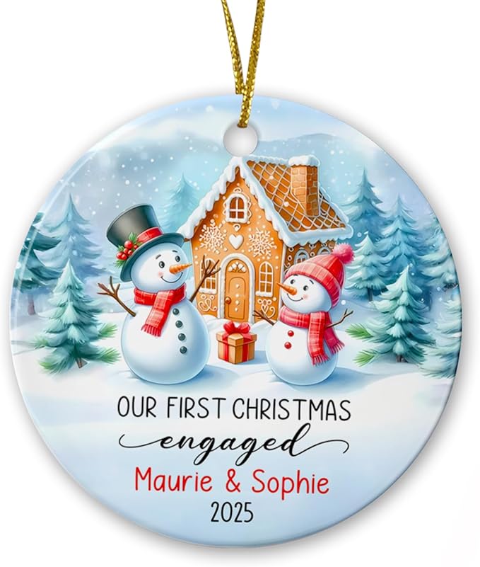 Personalized Engagement Ceramic Ornament 2025, Gifts for Newly Engaged Couples, Our First Christmas Engaged Ornament, Custom Year & Names Couple Snowman Just Engaged Ornament, Happy Engagement Gift