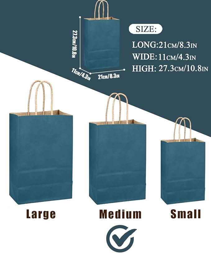 qiqee Classic Blue Gift Bag with Handles Bulk 24Pcs Paper Bags -10.6"x8.3"x4.3"Party Favor Bags - Solid Color