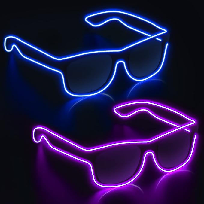 YouRfocus Wireless Led Light up Glasses 2 Pack Glow in The Dark Neon Rave Glasses for Rave Party, EDM, Halloween, Christmas (Blue + Purple)