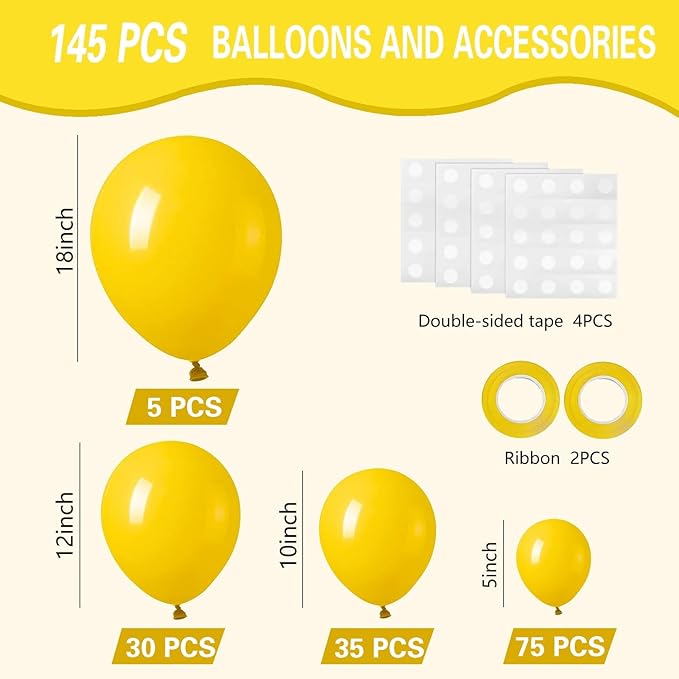 Yellow Balloons 145pcs Different Sizes 18 12 10 5 Inch Latex Helium Yellow Balloon Arch Kit Garland for Baby Shower Birthday Party Decorations