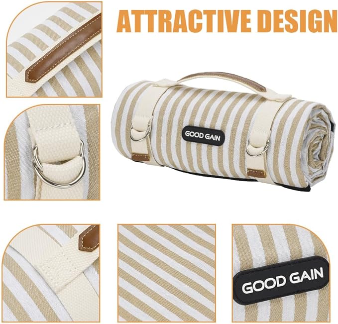 Picnic Blankets Waterproof Extra Large - Outdoor Blanket Sand Free Foldable with Carry Strap for Beach, Camping, Park Grass, Hiking, Travel, Concerts, Indoor (Sand Yellow)