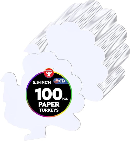 Hygloss Turkey Shape Paper Cut-Outs for Arts & Crafts-Many Creative Uses-Thanksgiving Activities Fall 5.5 Inches-100 Pcs, White