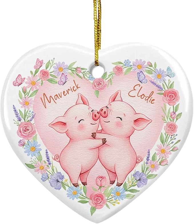 Pig Couple Ornament for Christmas Tree, Custom Names Piggy Mr & Mrs Ceramic Xmas Ornament, Animal Flowers Ornaments Gift for Pig Lovers Couples, Personalized Newlywed Keepsake Christmas 2025