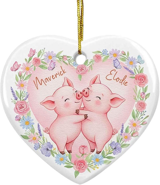 Pig Couple Ornament for Christmas Tree, Custom Names Piggy Mr & Mrs Ceramic Xmas Ornament, Animal Flowers Ornaments Gift for Pig Lovers Couples, Personalized Newlywed Keepsake Christmas 2025