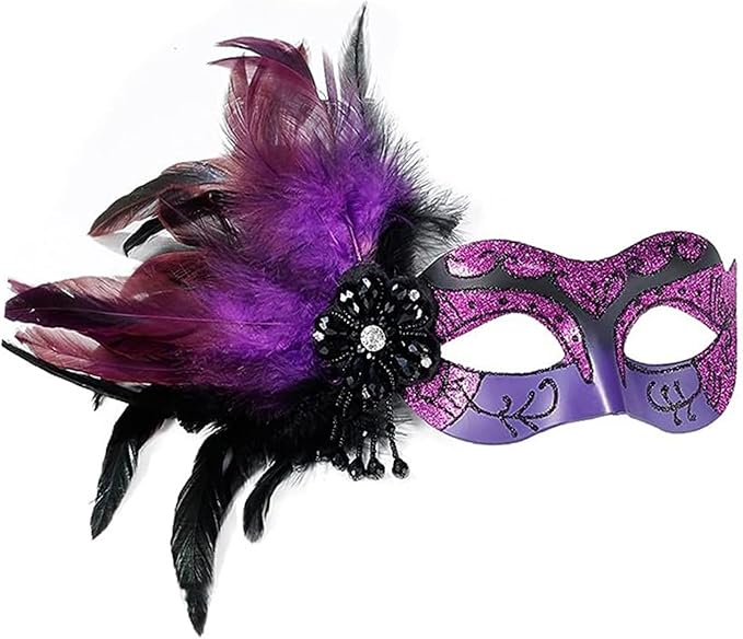 Masquerade Mask for Women Shiny Venetian Mask for Halloween Mardi Gras Costume Party Ball with Feather flower dec.