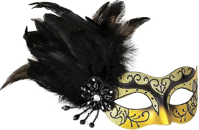Masquerade Mask for Women Shiny Venetian Mask for Halloween Mardi Gras Costume Party Ball with Feather flower dec.