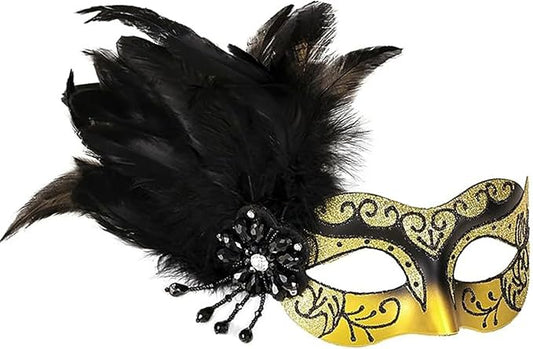 Masquerade Mask for Women Shiny Venetian Mask for Halloween Mardi Gras Costume Party Ball with Feather flower dec.