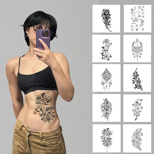 37 Pcs Temporary Tattoos Waterproof Bulk Pack - Large Black Mandala Floral Tattoo Stickers for Adults Women Men, Festival Party Body Art Transfers (10 Sheets)