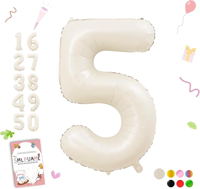 Smlpuame 40 Inch Beige Number 5 Balloons for 5th Birthday Decorations Boys Girl, Giant Self-Sealing Cream Foil Number 0-10 White Sand Balloon for Women Men Party Anniversary Baby Shower Supplies