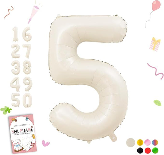 Smlpuame 40 Inch Beige Number 5 Balloons for 5th Birthday Decorations Boys Girl, Giant Self-Sealing Cream Foil Number 0-10 White Sand Balloon for Women Men Party Anniversary Baby Shower Supplies
